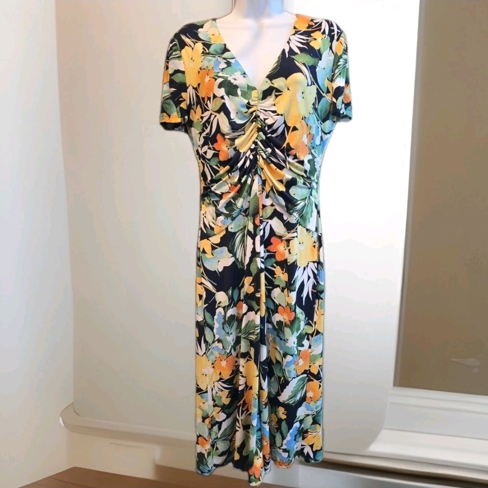 164 Maggy London Black Yellow Orange Floral Midi Dress